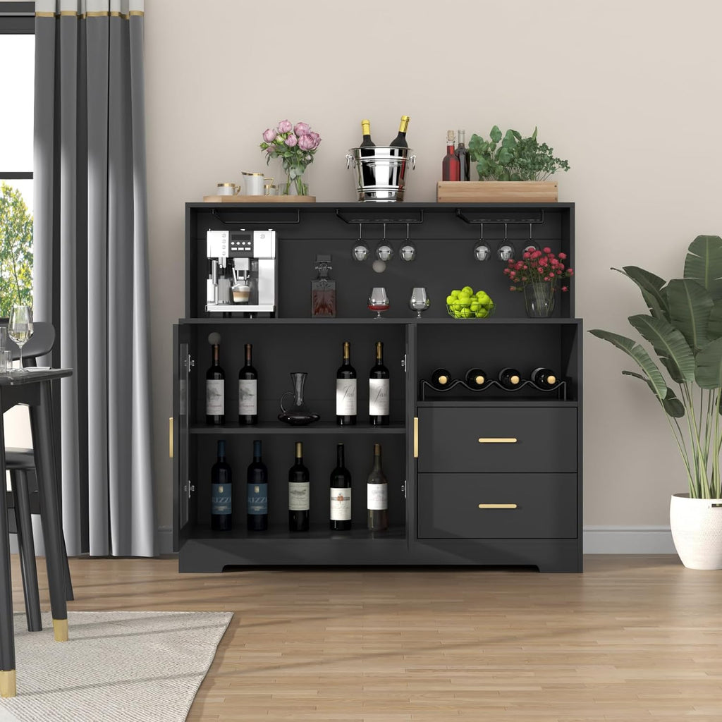 Bar Cabinet with LED Light,Coffee Bar Cabinet w/ Wine & Glass Rack | Wine Cabinets with Drawers & Microwave Stand