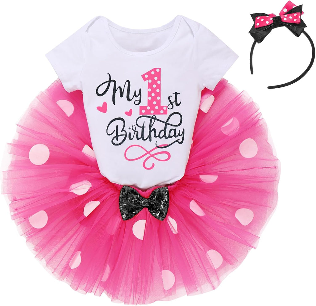 Baby Girls One 1st 2nd 3rd Birthday Outfit Polka Dots Romper Tutu Dress Headband Princess Skirt Set Photo Shoot