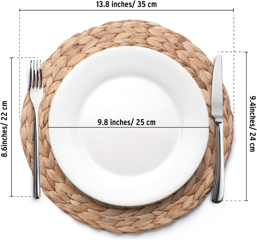 Round Woven Placemats Set of 4, Natural Water Hyacinth Place Mats, Boho Wicker Placemats, Table Mats for Dining Table