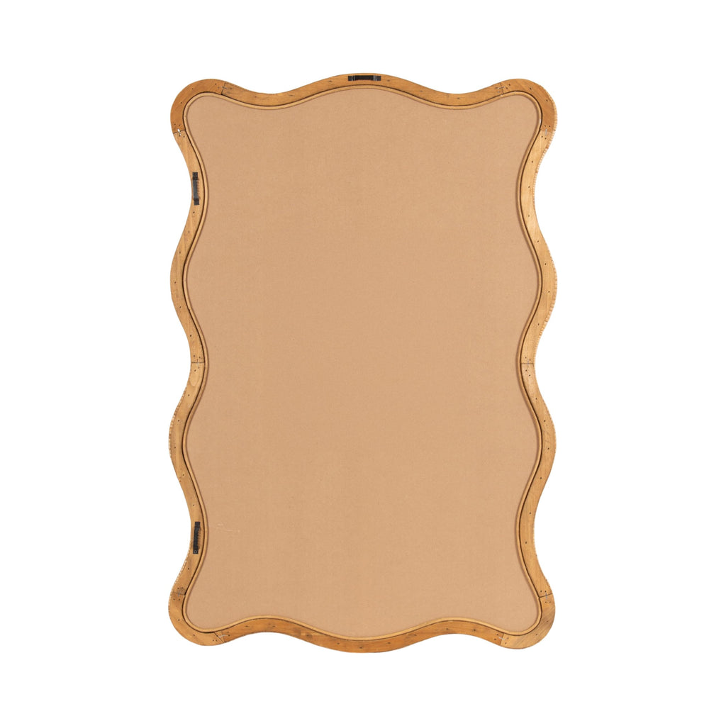 Rahfy Boho Scalloped Rectangle Rattan Wall Mirror, 24 x 36, Natural Wood, Decorative Rectangular Wavy Mirror with