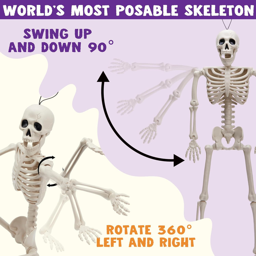 Posable Halloween Skeleton Decor 16 Inches, Full Body Posable Joints Hanging Skeletons for Halloween - Set of 5