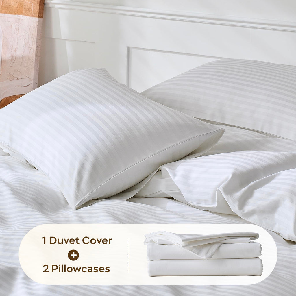 100% Cotton Sateen Striped Duvet Cover Set, White