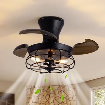22" Retractable Ceiling Fans with Lights, Black Caged Fandelier Ceiling Fans with Remote, 6 Wind Speeds,Invisible