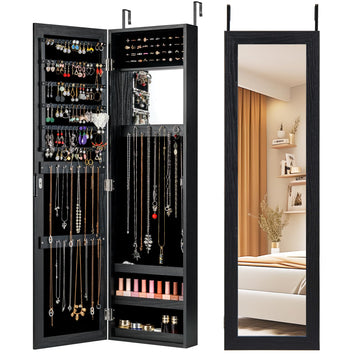 Full Length Mirror Jewelry Cabinet, Wall Door Mounted Jewelry Organizer with Makeup Mirror, Ring Slots & Necklace
