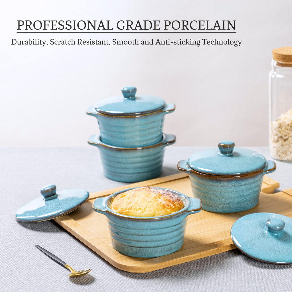 Creme Brulee Ramekins 8 oz with Lids, Oven Safe Bowls for French Onion Soup - Souffle Dish, Mini Covered Casserole