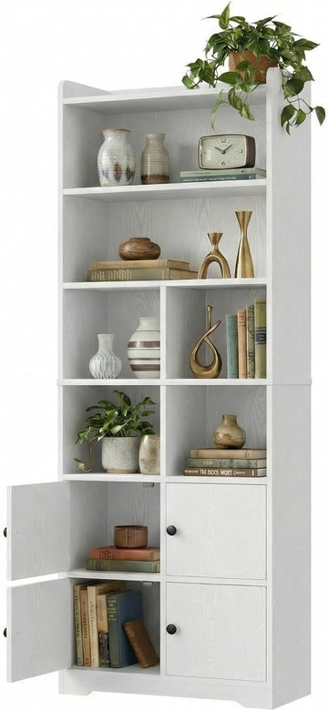 Bookshelf with Doors, Book Shelf with Storage Shelves, 74.6 in Tall Bookcase, White