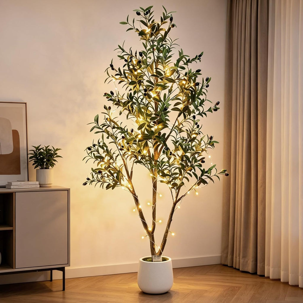 6FT Artificial Olive Tree with Lights & Planter, Realistic Faux Olive Plant