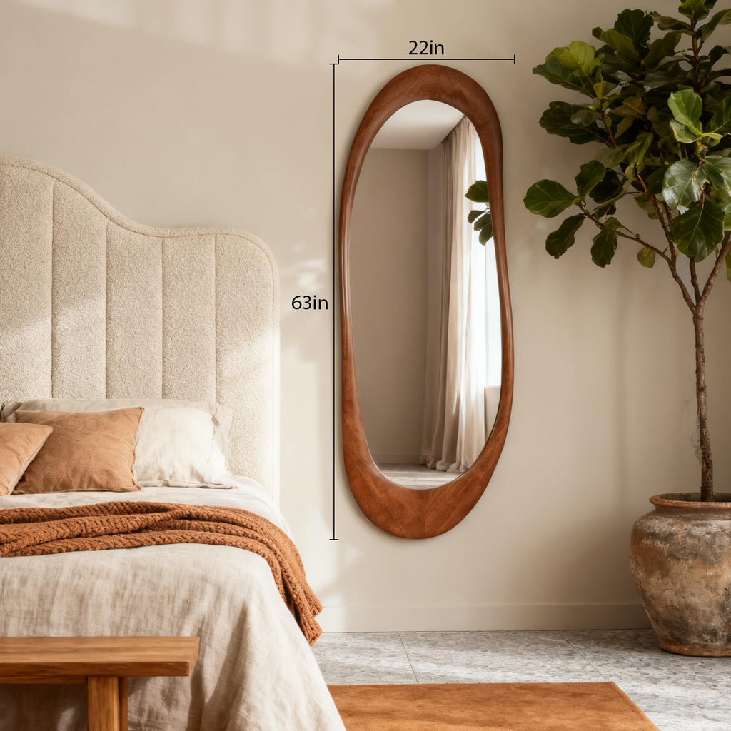 Asymmetrical Full Length Wooden Mirror, 22.5" x 63" Irregular Solid Wood Wall Mirror, Boho Decor Living Room