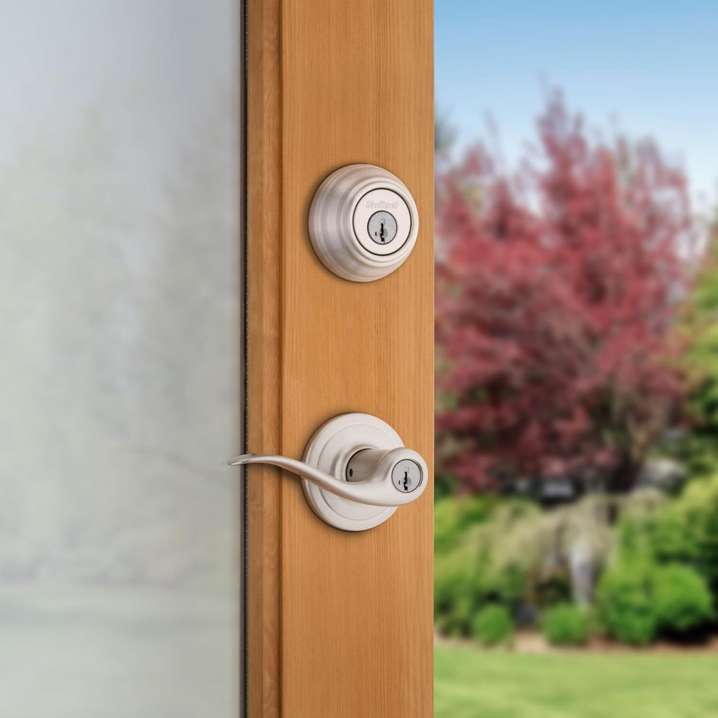 991 Tustin Entry Lever and Single Cylinder Deadbolt Combo Pack featuring SmartKey in Satin Nickel - Door Lever