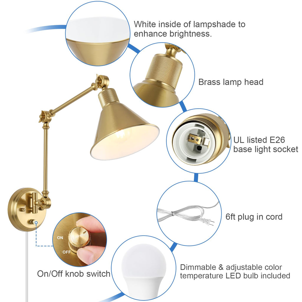Wall Sconce with Remote Control, Brushed Brass Plug in Wall Sconces Dimmable and Adjustable Color Temperature
