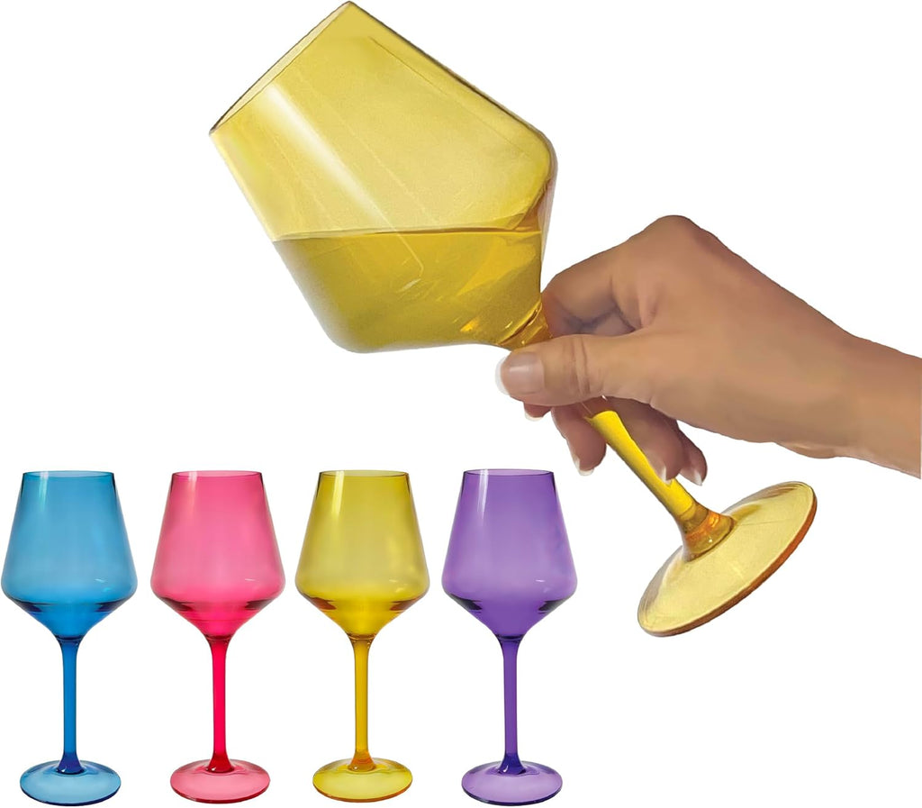 Acrylic Wine Glasses with Stems. Set of 4 Colored, Reusable, Unbreakable and Shatterproof Poolside Outdoor Wine