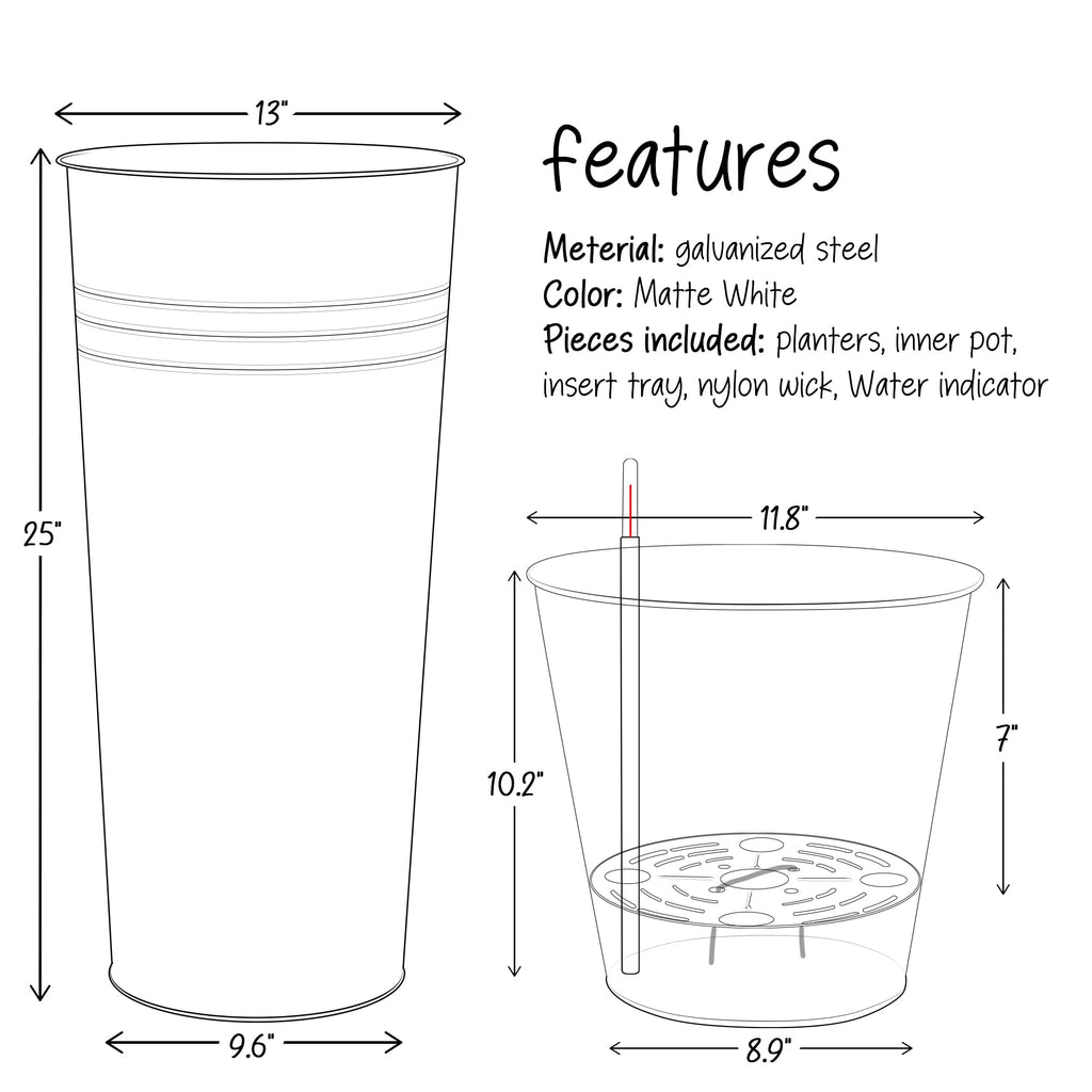25'' Tall Galvanized Steel Planter Pot with Water Level Indicator - 2-Pack Self Watering Planters Flower Pot for