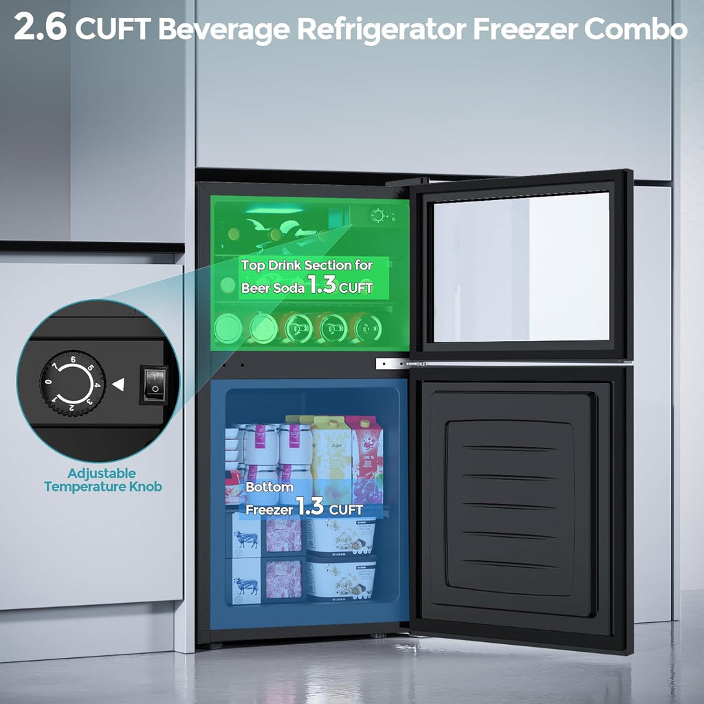2.6 Cu.Ft Mini Fridge with Freezer, 2 Door Compact Refrigerator, Freestanding Be