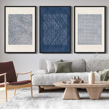 Blue Mid-Century Modern Framed Wall Art Large 24x36in Minimalist Abstract Boho Wall Decor Geometric Artwork Kitchen