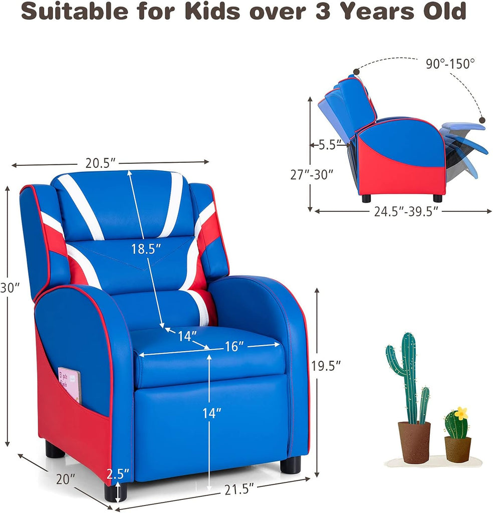 Kids Recliner, Youth Gaming Reclining Chair w/Side Pocket, Ergonomic Headrest & Footrest, Upholstered Leather Lounge