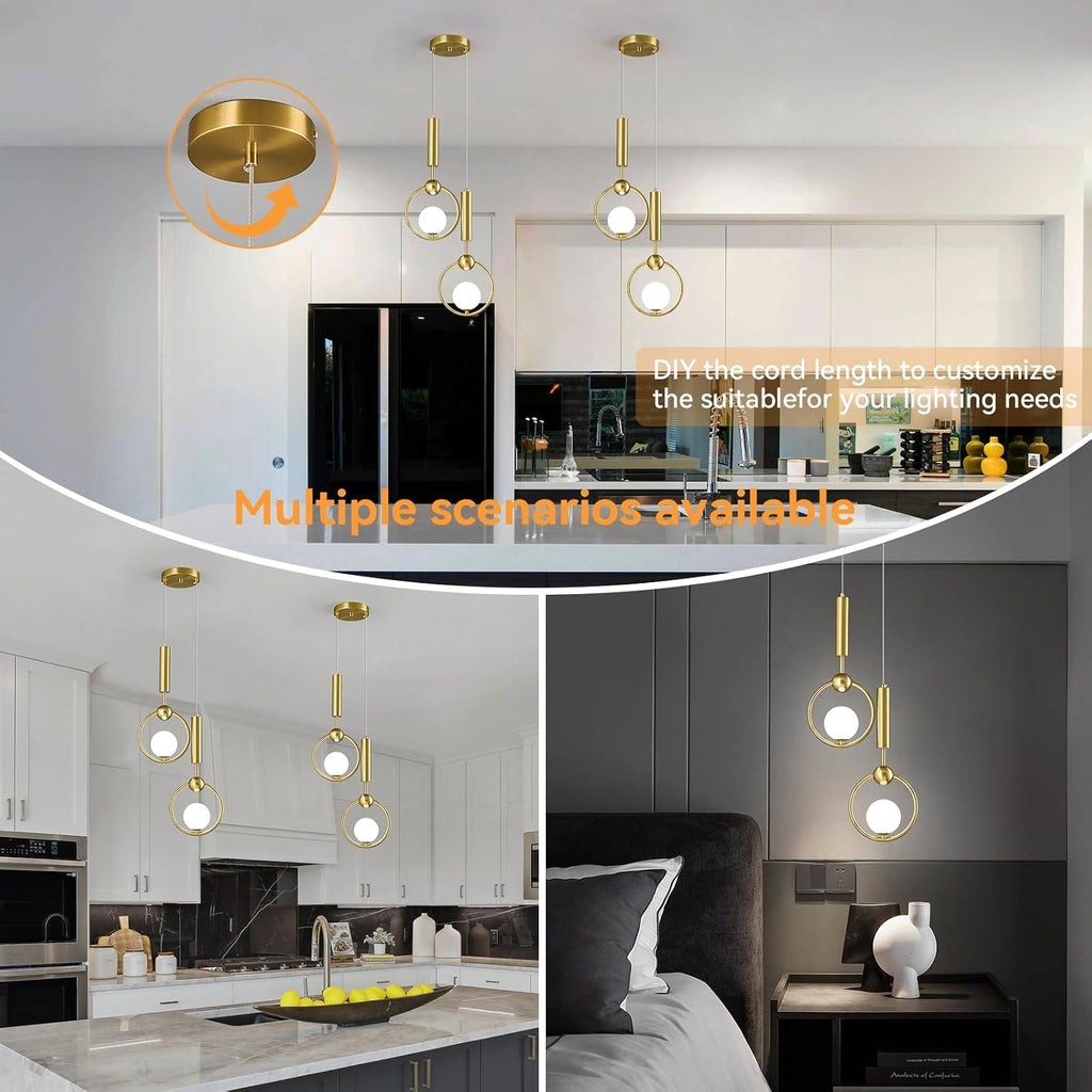 Modern Globe Glass Pendant Light fixtures 2-Light, Simplicity Gold Pendant Lighting, Mid Century Chandelier for