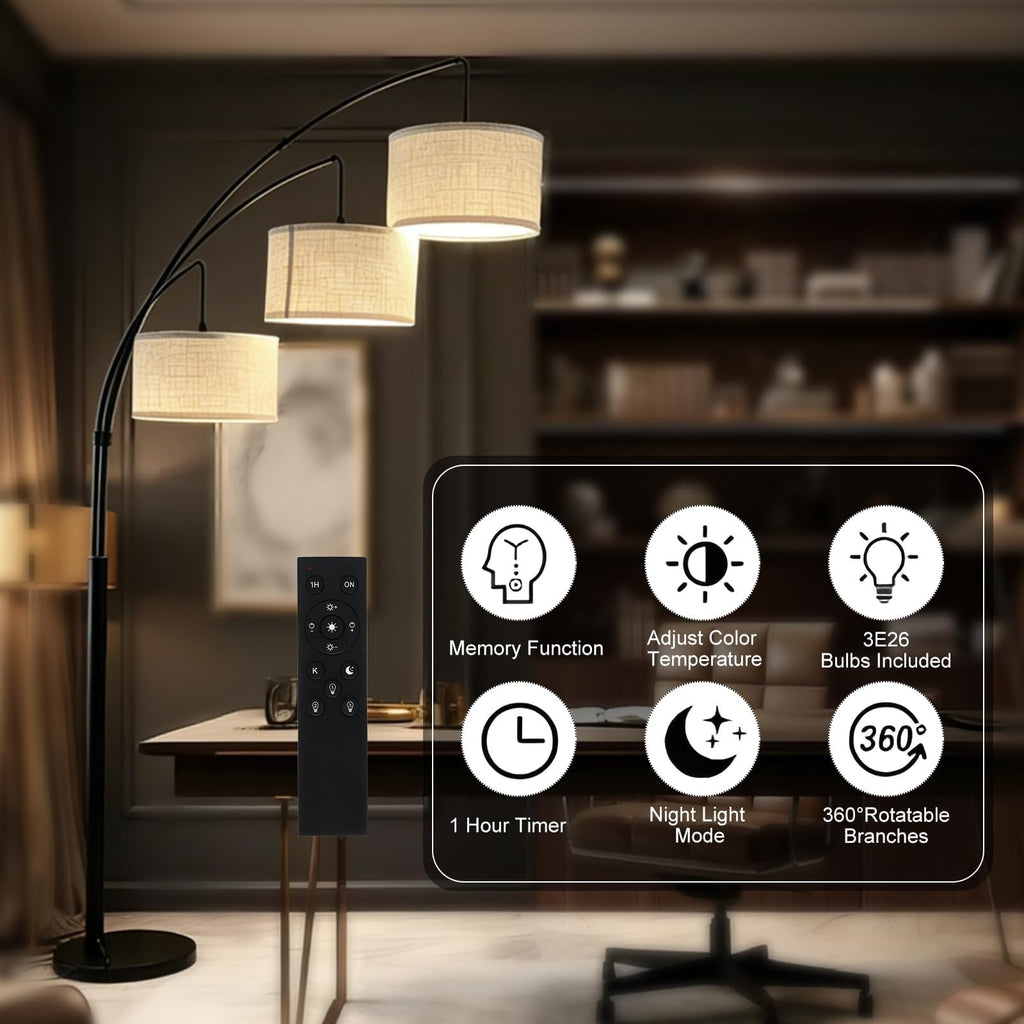 3-Light Dimmable Arc Floor Lamp, LED Tall tree Standing Lamp with Remote