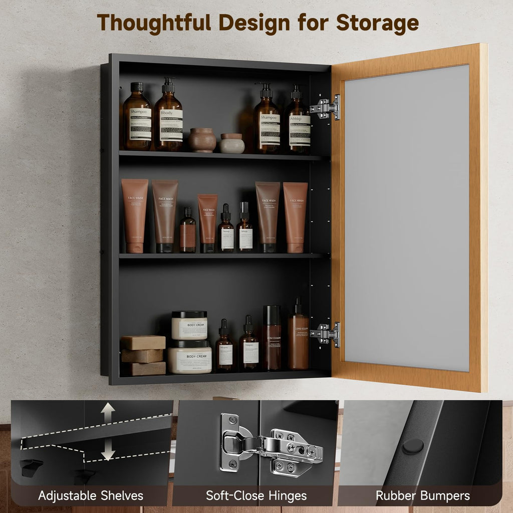 14" x 24" Gold Medicine Cabinets with Mirror, Aluminum Alloy Framed Mirror, Recessed or Surface Wall-Mounted Metal