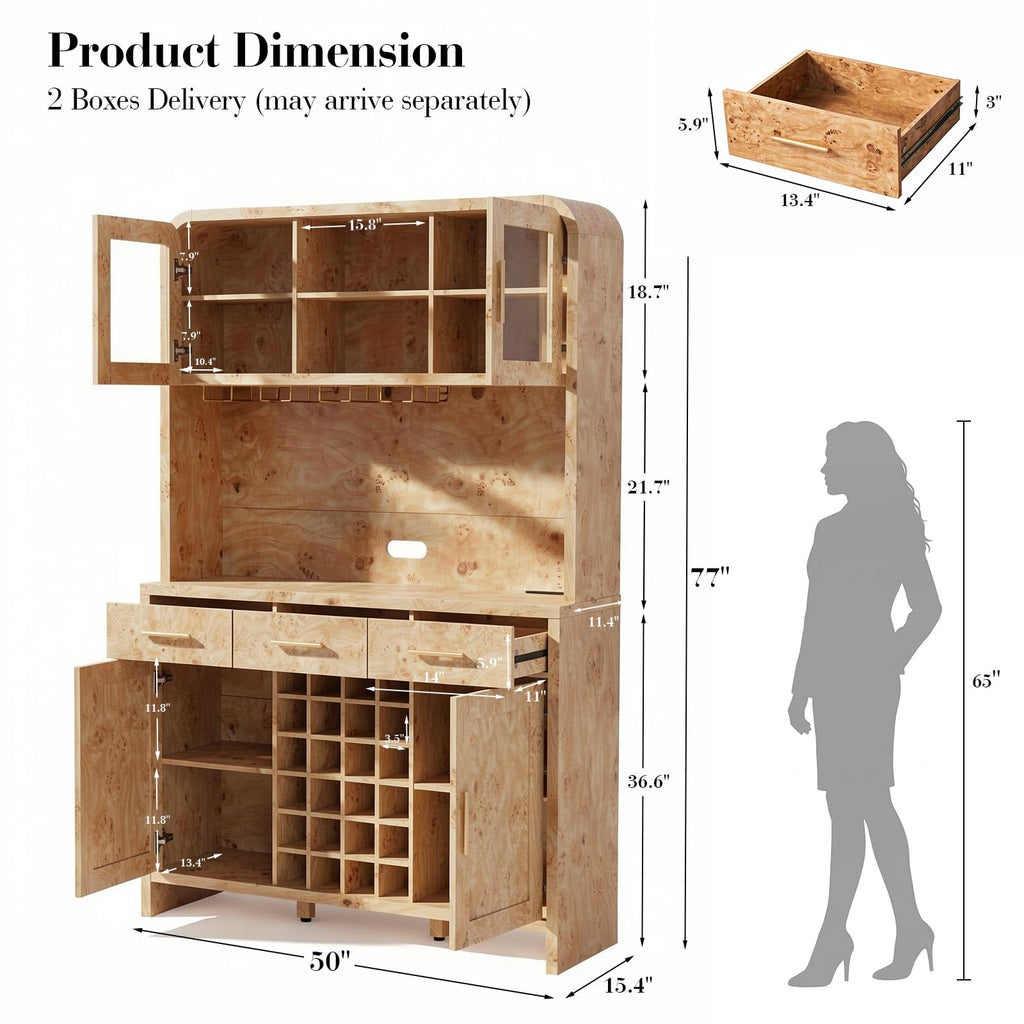 77" Tall Pantry Cabinet & Coffee Bar Cabinet with Storage, Light Burl, 2 Pcs