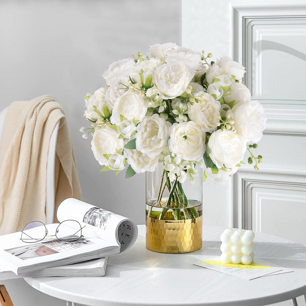 Bundles Artificial Peonies Silk Flowers, White Faux Peony Bouquet Florals Arrangements Decor for Farmhouse Home - Set of 4