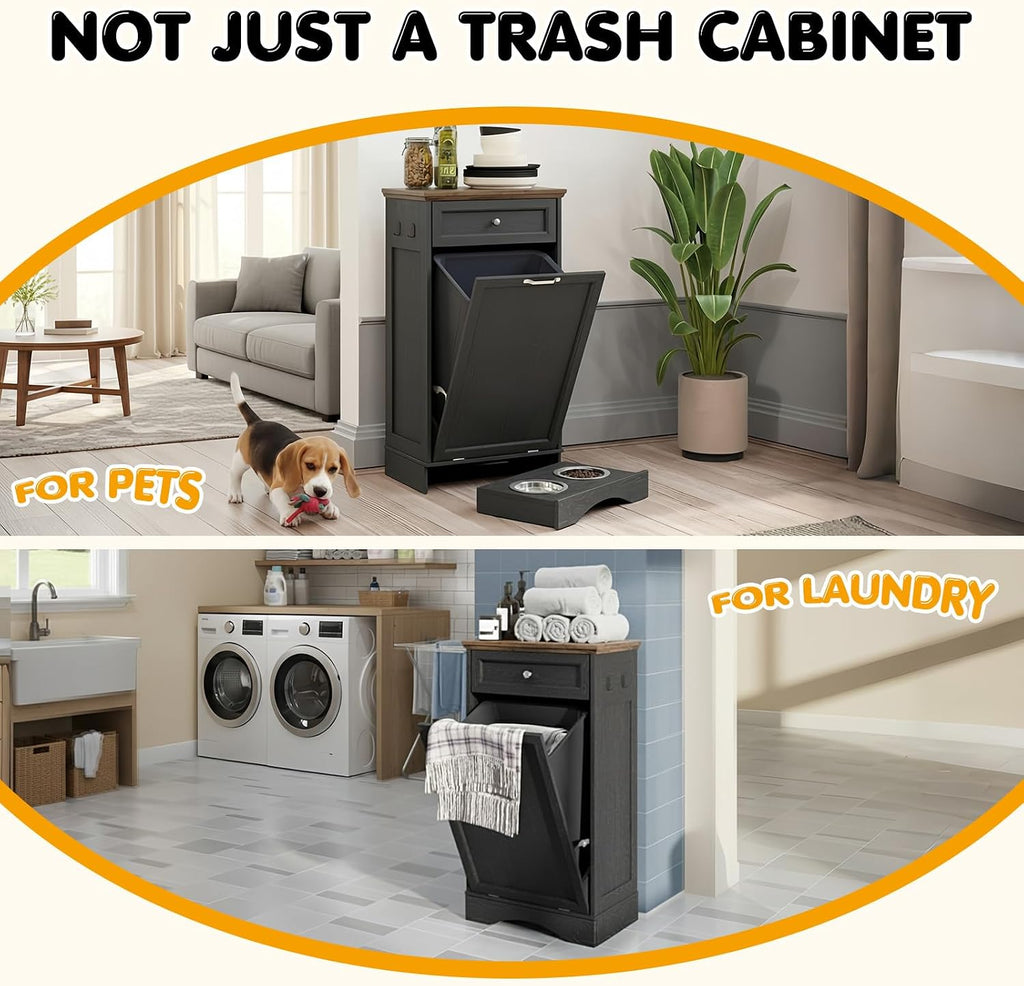 Tilt Out Trash Can Cabinet with Dog Bowl, 10 Gallons Dog Feeding Station with Storage, Dog Food Cabinet with Hideaway
