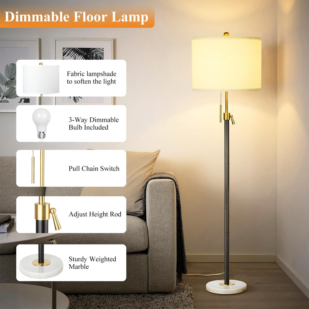 Floor Lamp Adjustable Tall Standing Lamp, 3-Way Dimmable Floor Lamp Office, Black Gold Lamp with Marble Base