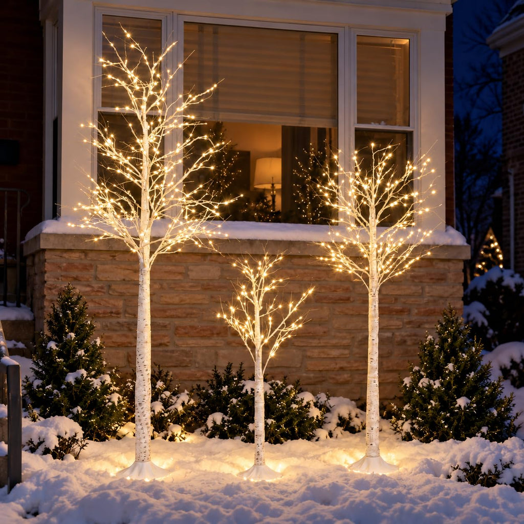 Lighted Birch Tree Set of 3, 464 LEDs Warm White Christmas Tree 4 FT 6 FT 8 FT with Timer, 8 Modes & 4 Brightness