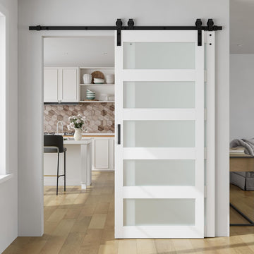 30in x 84in Double Glass Sliding Barn Door with 5FT Bypass Sliding Barn Door Hardware Kit, 5-Panel F