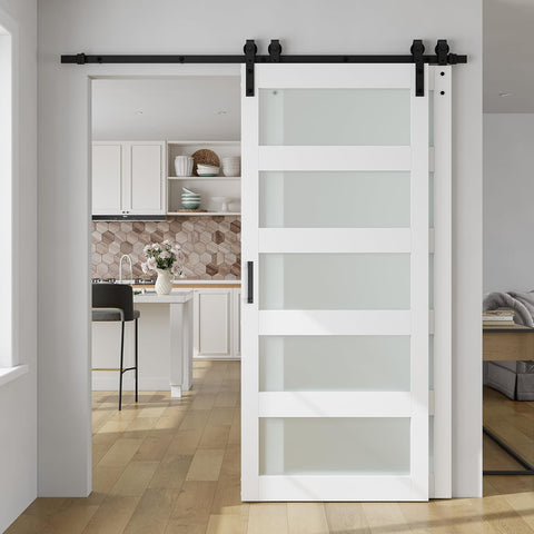 36in x 84in Double Glass Sliding Barn Door with 6.6FT Bypass Sliding Barn Door Hardware Kit, 5-Panel