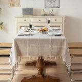 Rectangle Tablecloth Boho Grid with Tassels 55 x 84 Inch, Light Tan Embroidered Table Cloth Cover He