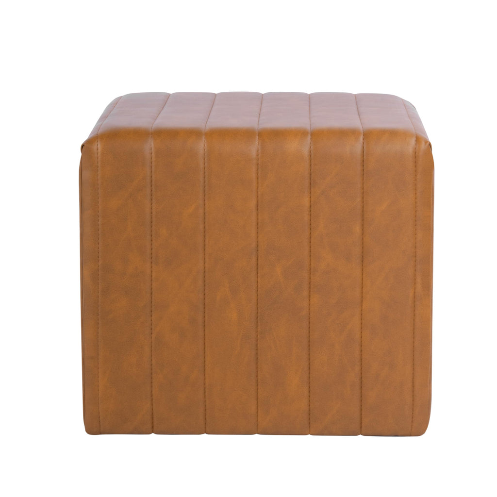 19" Modern Channel Tufted Ottoman - Carmel Brown Faux Leather