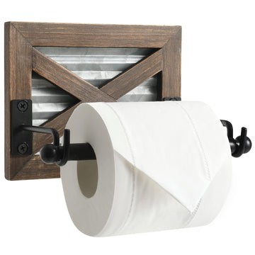 Farmhouse Toilet Paper Holder with Galvanized Metal& Black Metal - Rustic Warm Brown Wood Wall Mount Toilet Roll