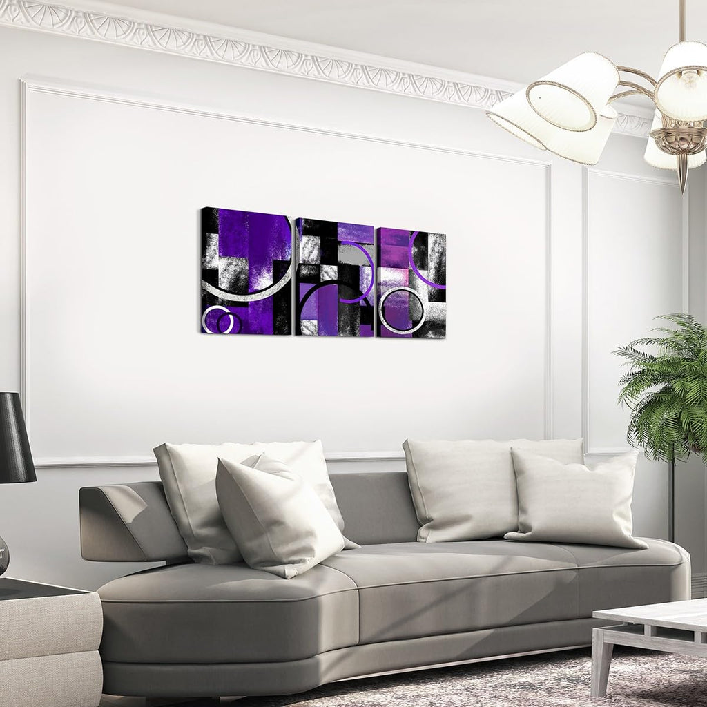 Purple & Grey Black Canvas Wall Art - Geometric Circle & Rectangle Square Bathroom Wall Decor Decor Abstract Artwork