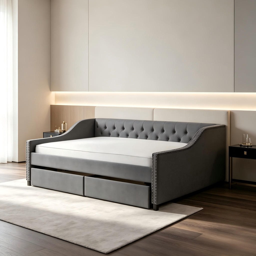 Upholstered Full Size Daybed with 2 Storage Drawer, Grey