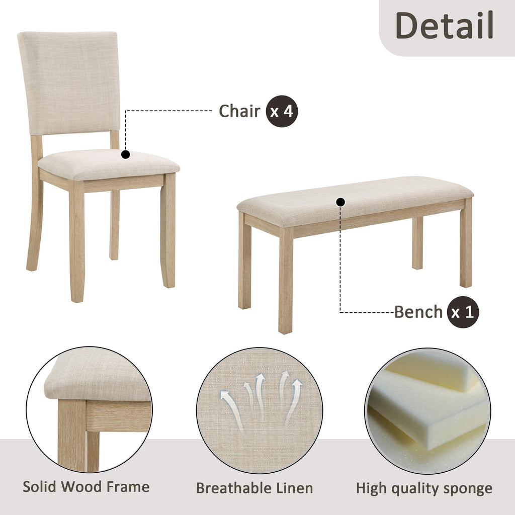 6-Piece Dining Set with Bench & 4 Upholstered Chairs, 58.5" Modern Farmhouse Kitchen Table for 6, Easy Assembly, Light