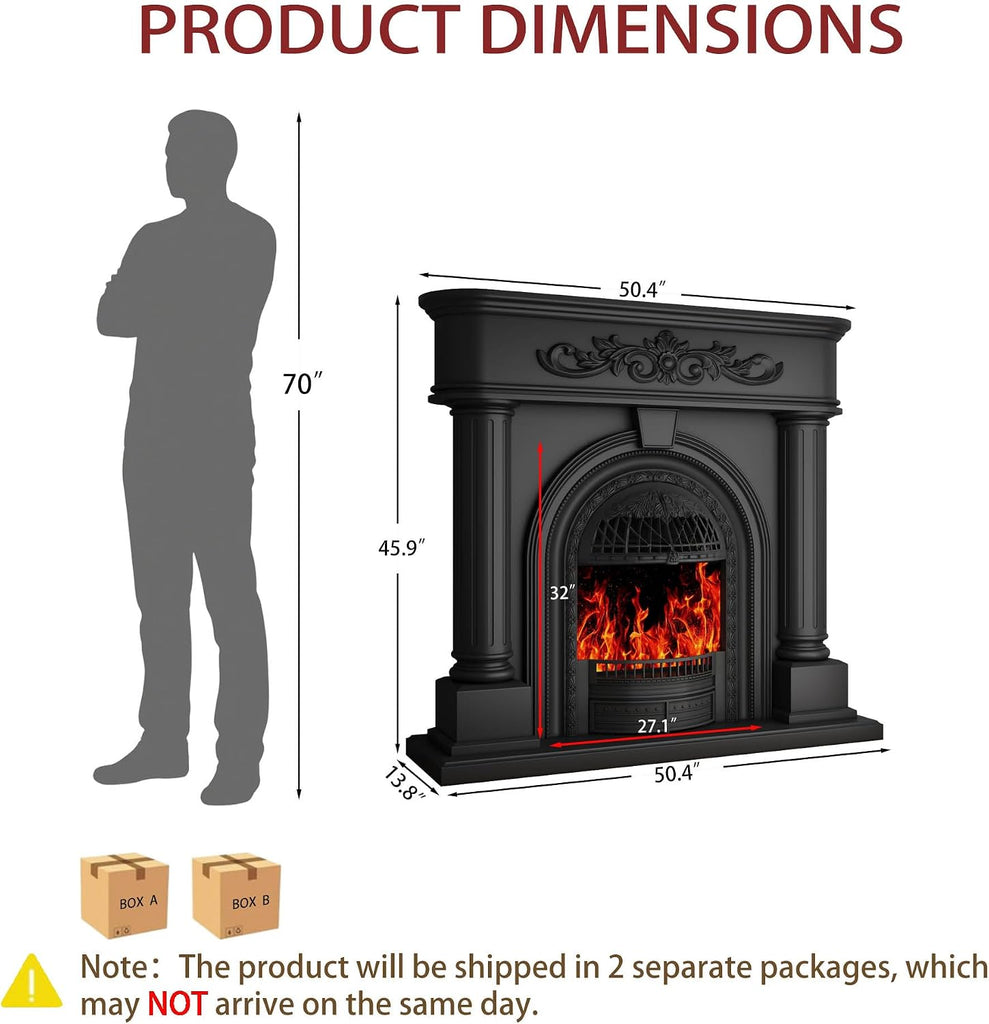 Electric Fireplace with Mantel, Solid Wood 51Inch Fireplace TV Stand with Roman Column for Living Room, Vintage Style