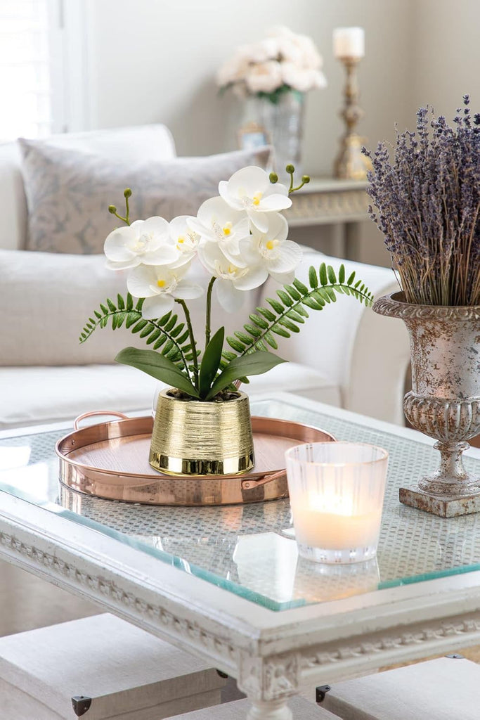 White Orchids Artificial Flowers in Gold Pot Faux Phaleanopsis Orchid Bonsia Fake Orchid Centerpiece - Set of 2