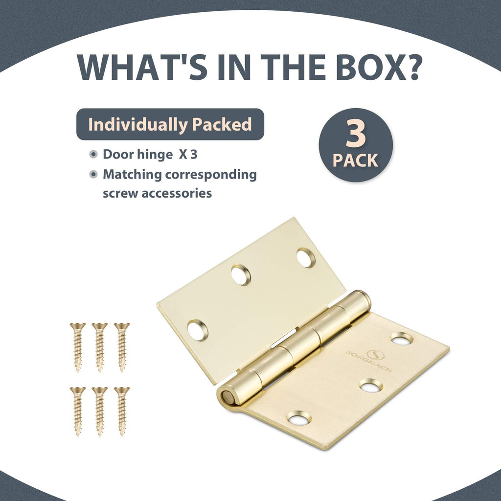 Door Hinges Satin Brass 3.5 Inch Interior Hinges Hardware Hinge Square Corner Brushed Brass Door Hinges- 3 Pack