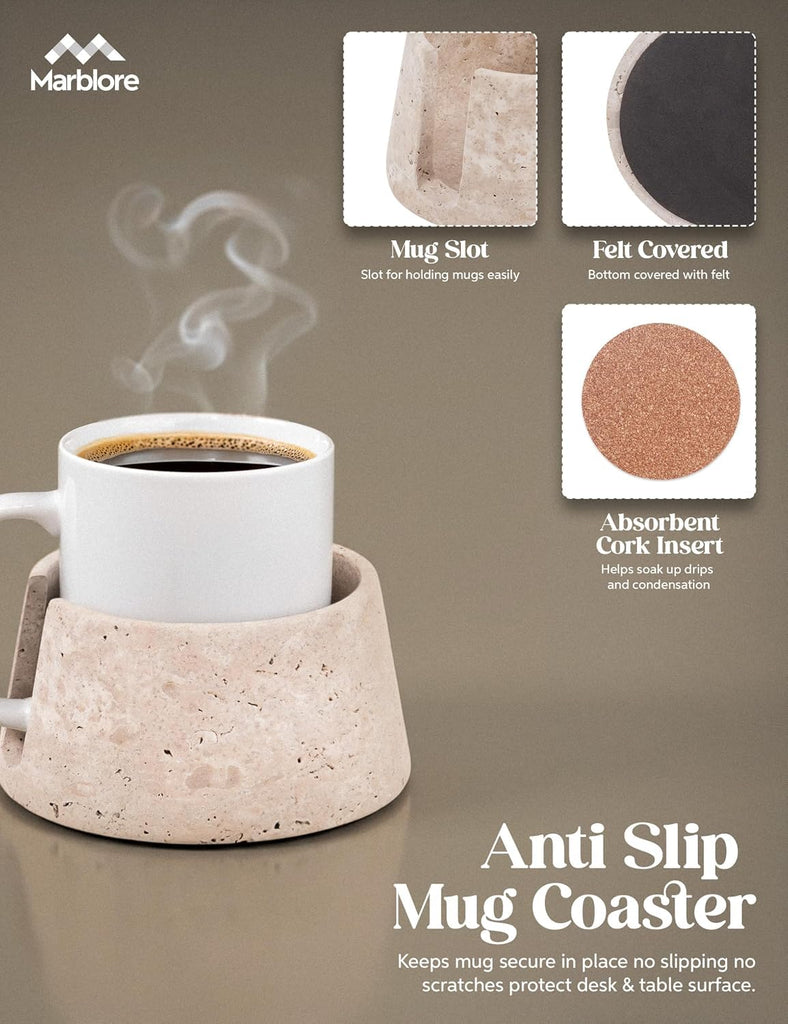 Coaster Travertine 4" Dia Stone Drink Coasters Heat Resistant Cup Coasters for Coffee Table Home Office & Bar Decor