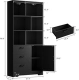 Bookshelf, 70.9 Inch Tall Bookcase, Black Book Shelf with Doors and 3 Drawers, 3-Tier Bookshelves with 6 Open Cubes