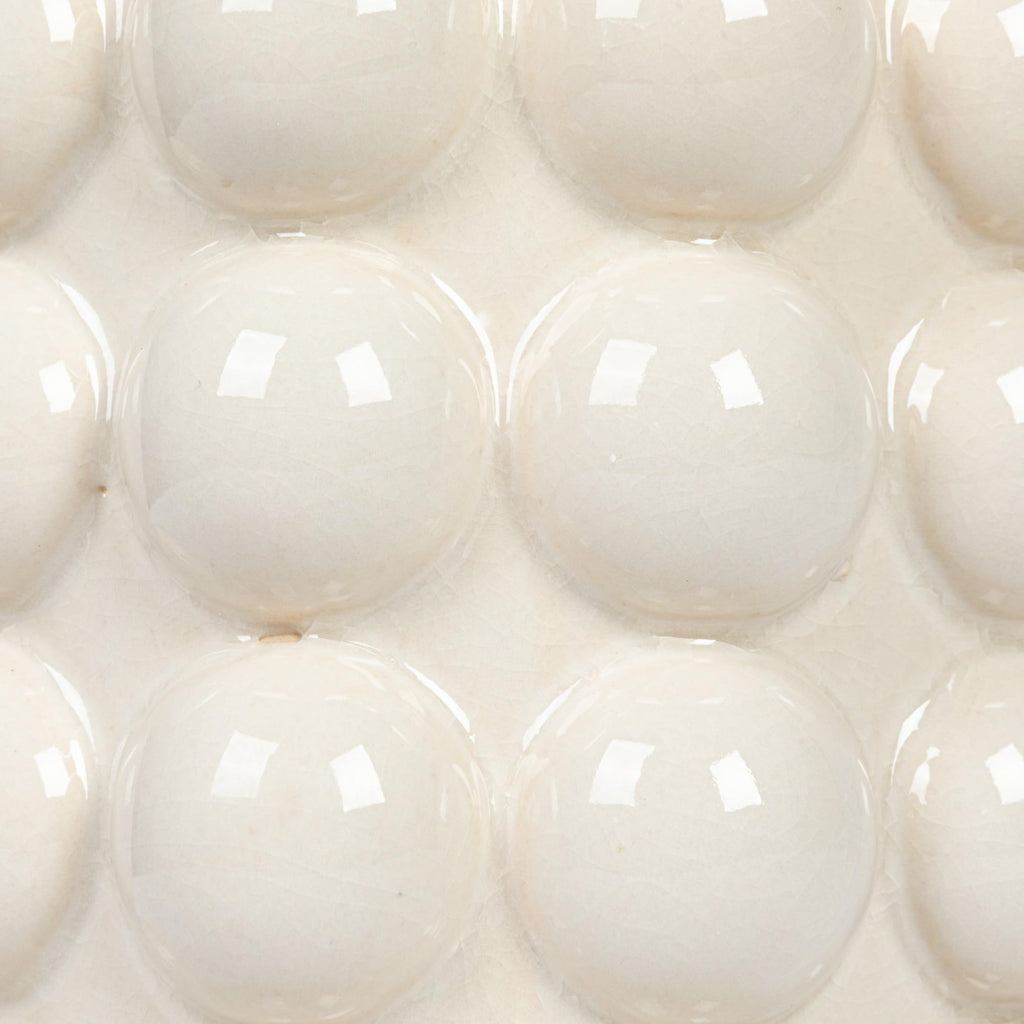 5.75 Inches Round Stoneware Canister with Raised Dots and Acacia Wood Lid, White and Natural