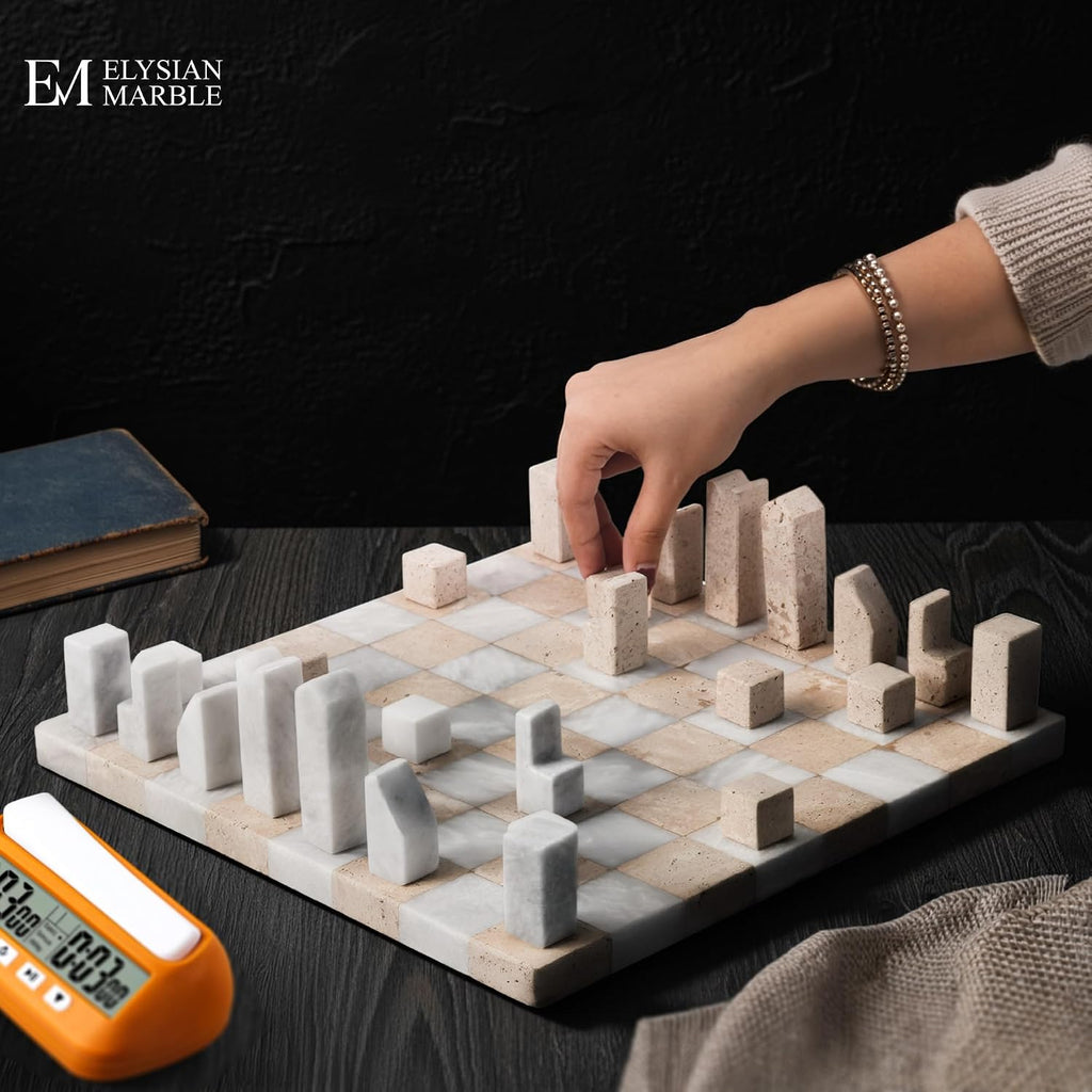 Modern Chess Set - Handcrafted Borderless Marble Chess Board with Minimalist Geometric Pieces, Luxury Decorative