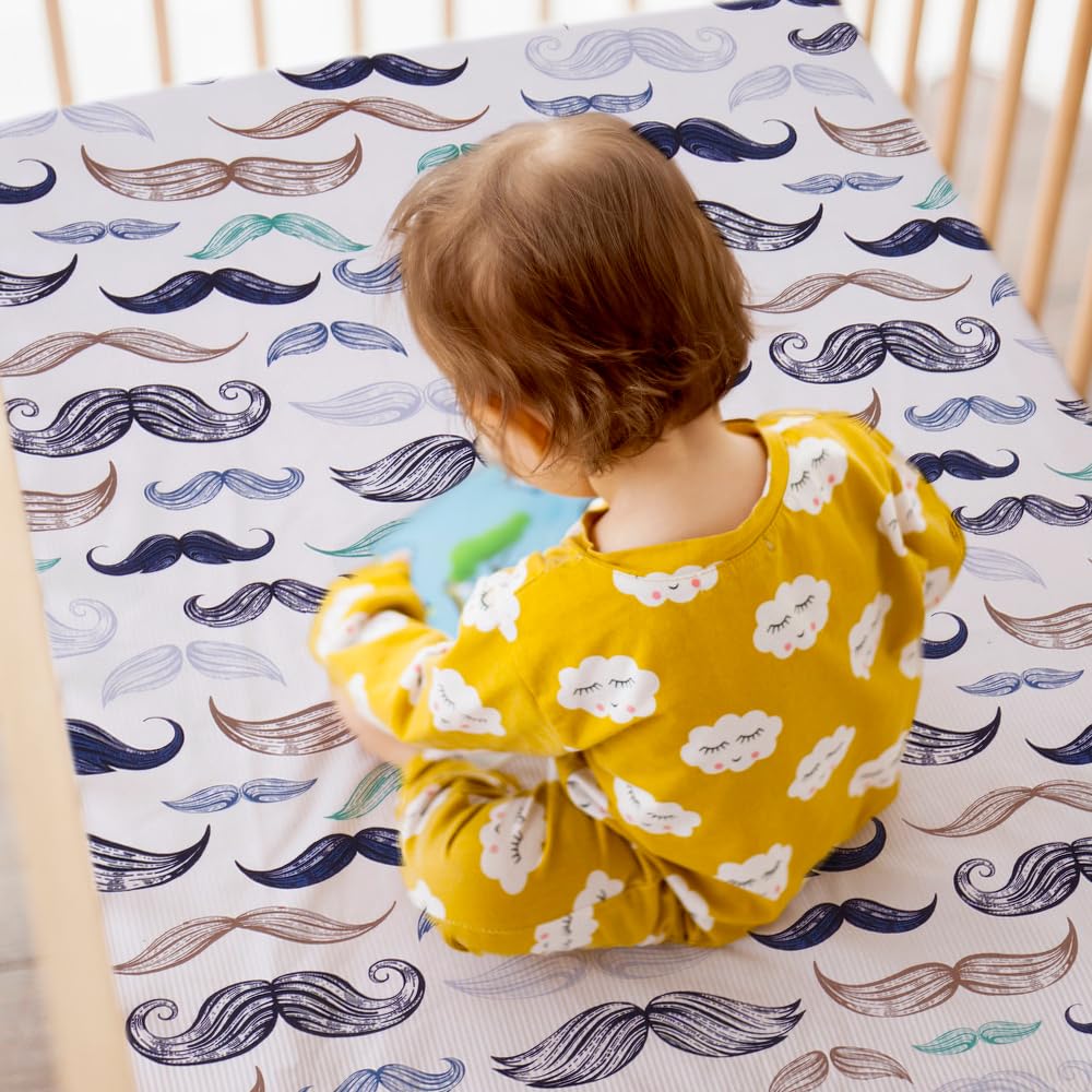 Noisy Mouse - Boho Little Man Mustache, Premium, 100% Organic Cotton 4-Piece Baby Boy Nursery Bedding Crib Set | Baby