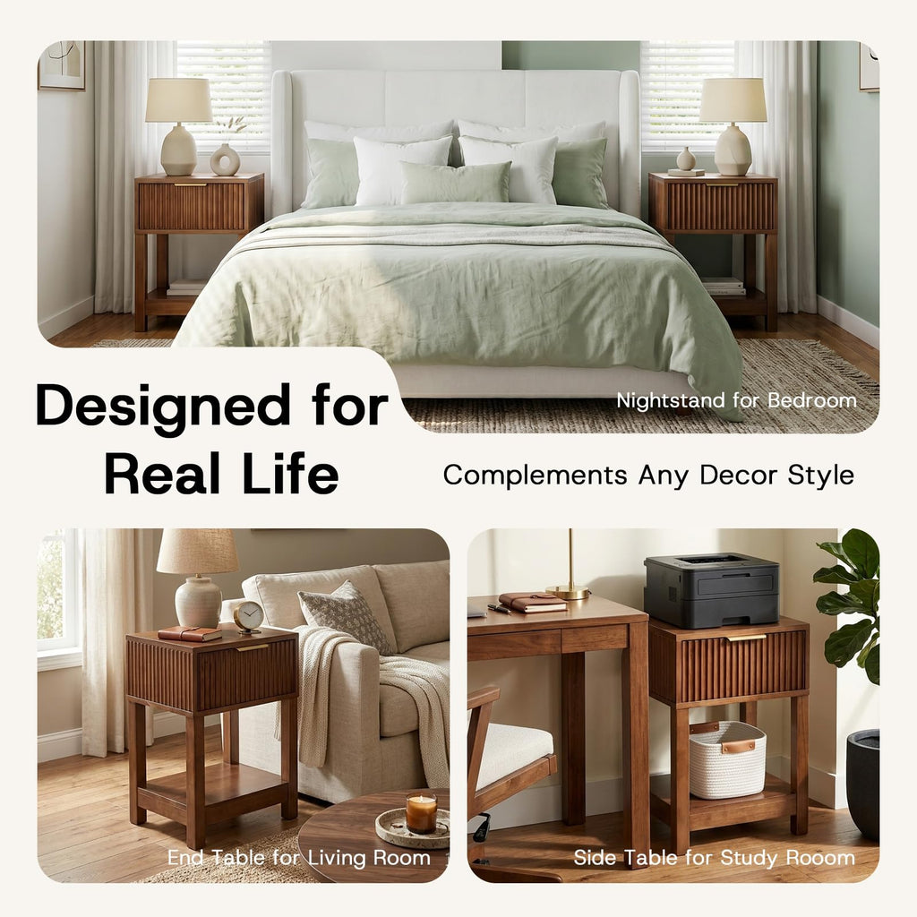 Solid Wood Nightstand with Drawer, Mid-Century Real Wooden Bedside Table with Storage, Modern Fluted End Table Sofa