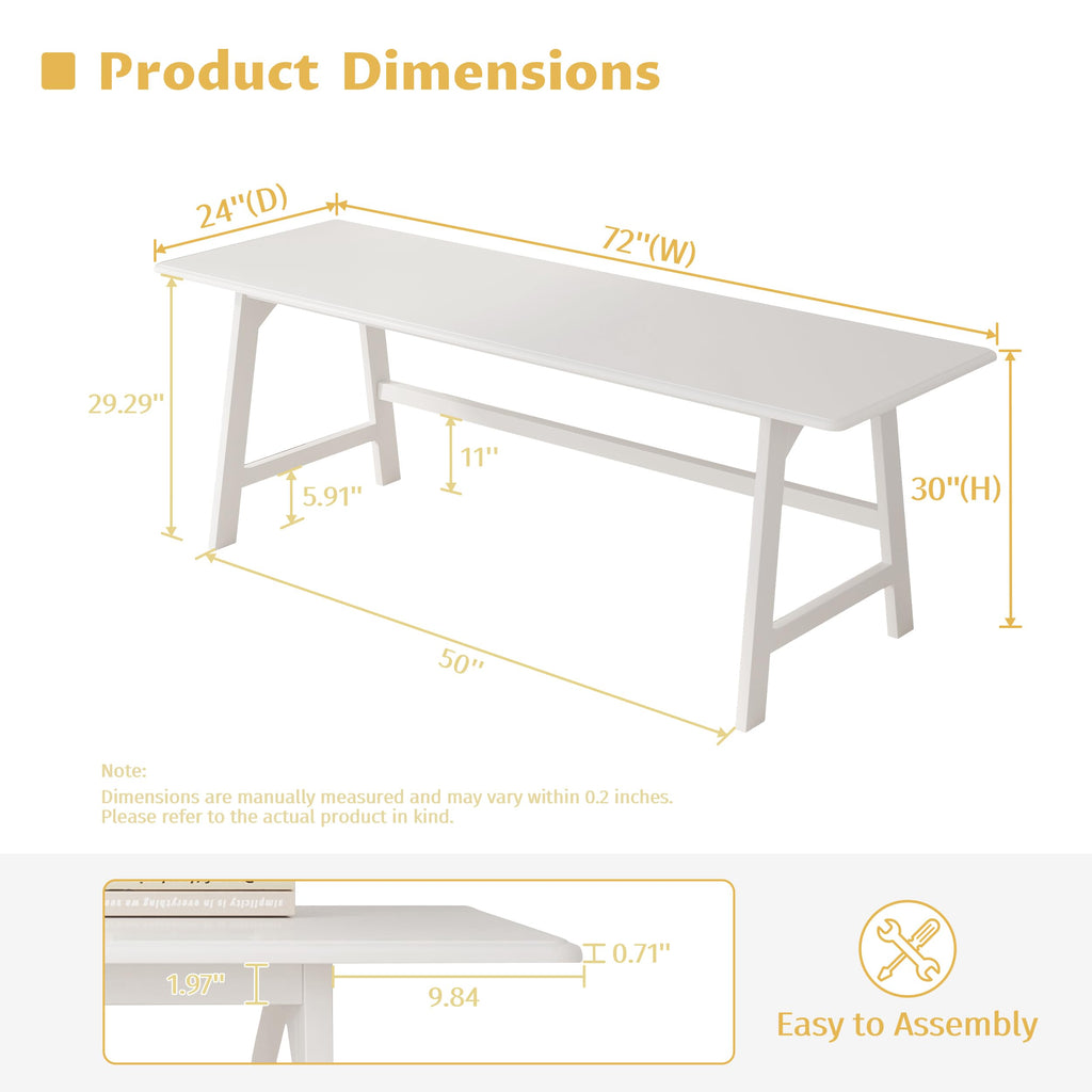 Solid Wood Writing Table - 72" W Minimalist Long Computer Desk, White