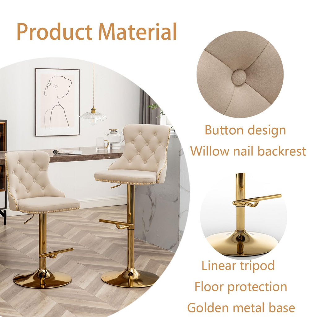 Velvet Bar Stools Set of 2, Counter Height Bar Stools with Button & Nailheads Trim, Gold Swivel Barstools Island, Pub