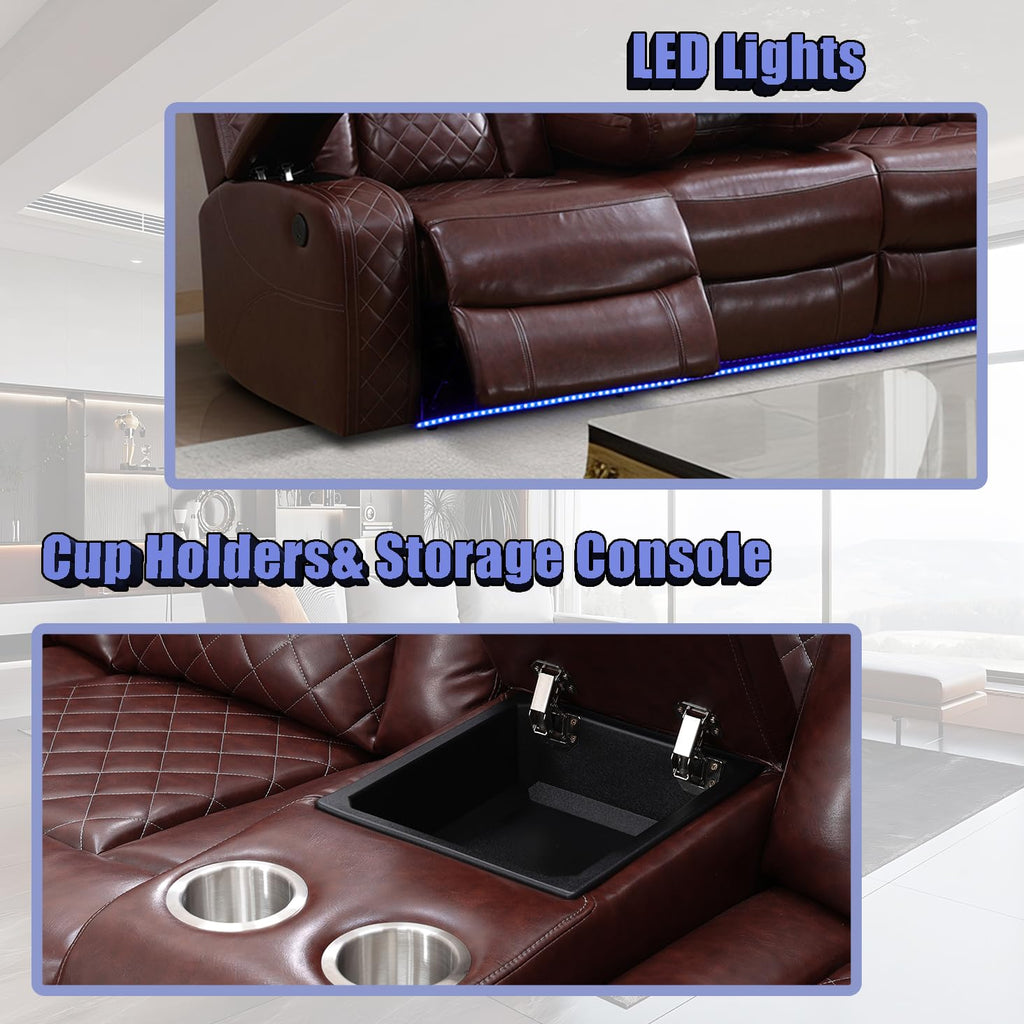 Power Reclining Sectional Sofa Set, Living Room Set Brown Sectional Leather Sofa Living Room Furniture Sets with 2