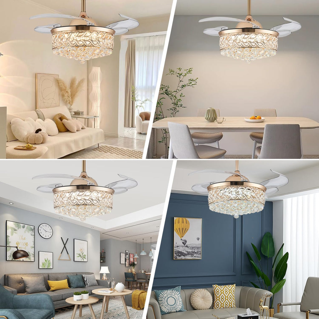 48" Modern Gold Fandelier,Dimmable Crystal Ceiling Fan with Light and Remote, Chandelier Ceiling Fans with Invisible