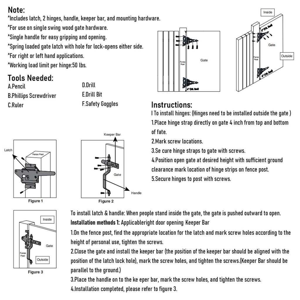 Heavy Duty Wood Gate Kit, 8 Inch Decorative T Hinge and Spring Loaded Latch Gate Kit with Screws for Wooden Fence Shed