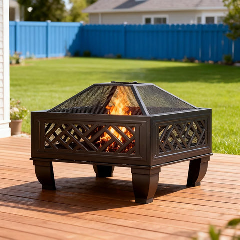Update Version 26 Inch Wood Burning Fire Pit with Cooking Grill and Spark Screen, Outdoor Metal Firepit
